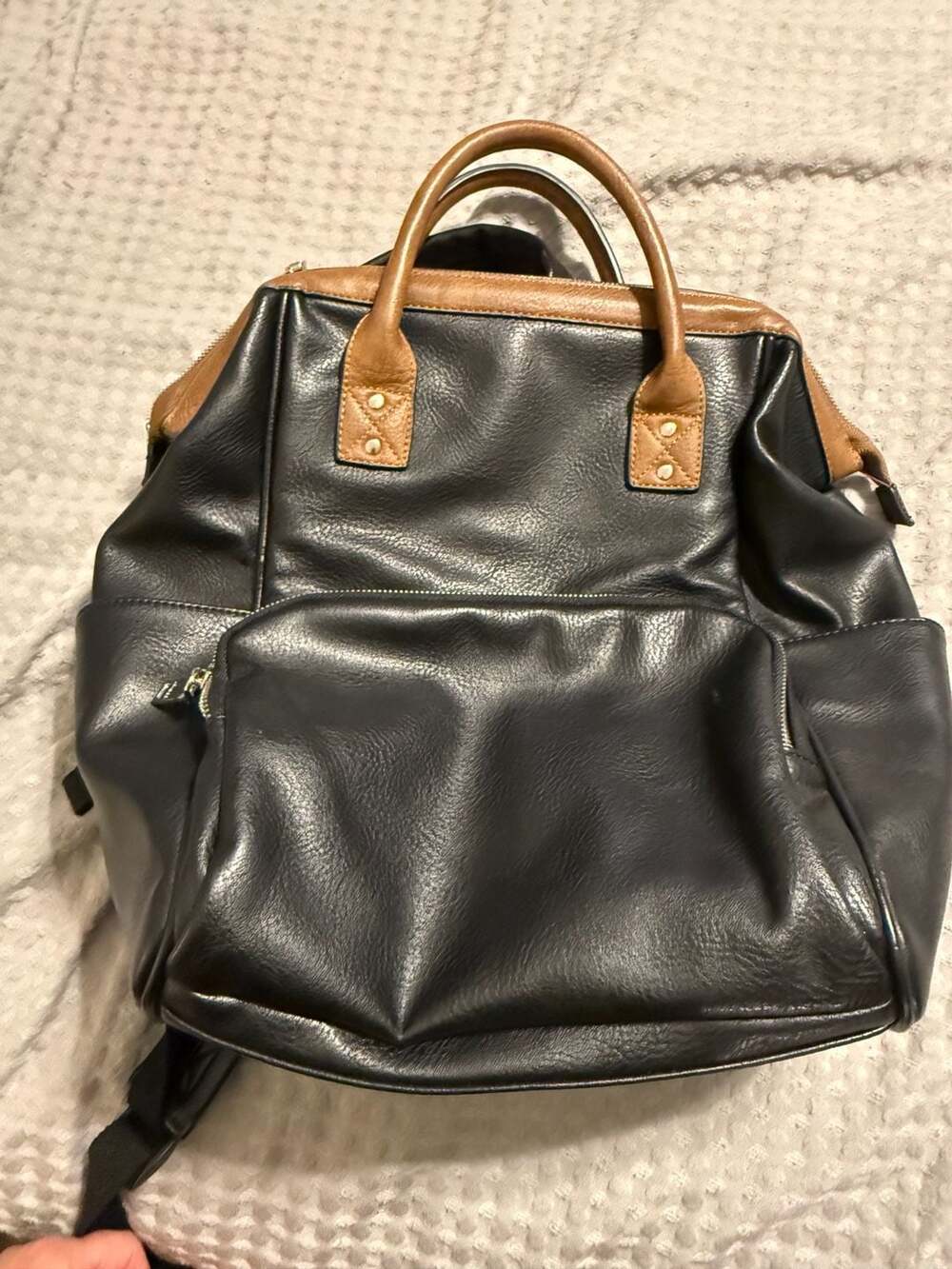 Jen & Co. Black and Tan Vegan Leather Travel Backpack with Built-in Organizer